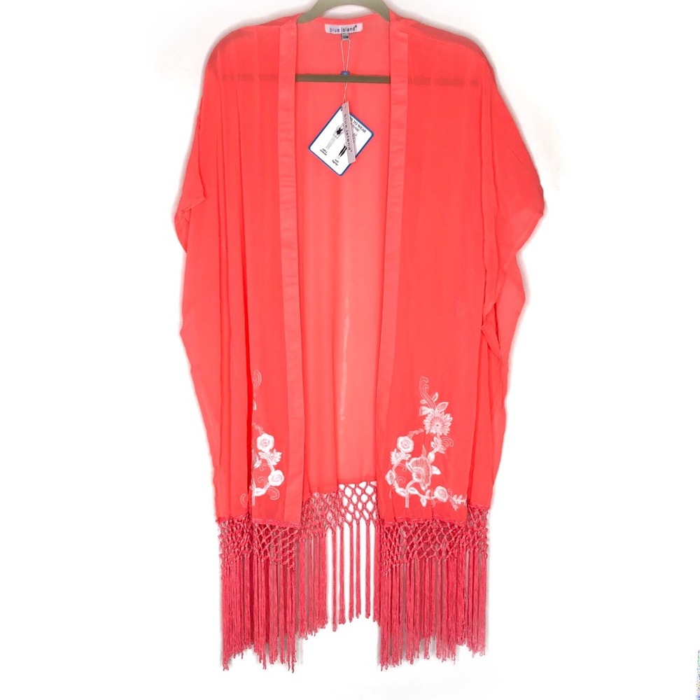 Blue island swim coverup coral fringe kimono NWOT